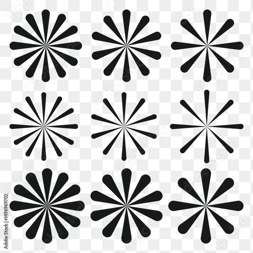 Set of black circle rotating rays and beams. Radial sunburst element pack. Round spinning swirls, stars and twirls pack. Illustration bundle for banner, badge, sticker, poster, logo.