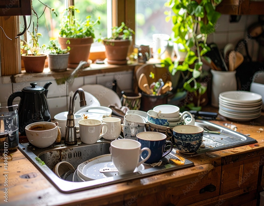 Obraz premium 洗い物が山積みのキッチンシンク