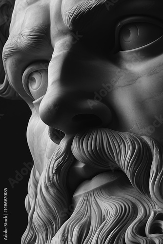 Mighty Neptune, god of the underwater kingdom. Ancient Greek and Roman mythology. Marble statue. Vertical black and white image.