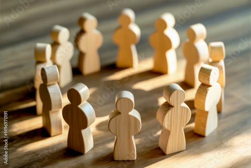 Wooden figures circle teamwork collaboration community partnership group