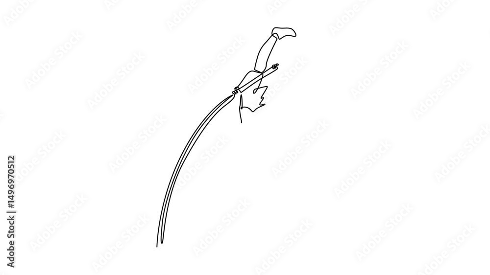 Animated self drawing of continuous line draw attractive male pole vaulter jumping over bar during practice session at the track on outdoor stadium for competition. Full length single line animation
