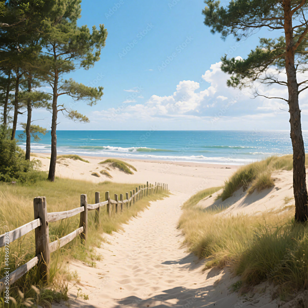 Fototapeta premium Walking Sand Path to Ocean Beach with Trees and Blue Sky