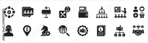 Business management flat icon set. Contains symbol of businessman, target, finance, lunchtime, success, hierarchy, data, reward, work, money, employee, task, shop, meeting, job. Vector illustration