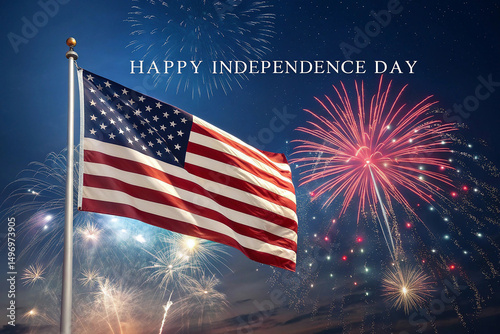 Celebrate Independence Day with this dynamic 4th of July poster featuring iconic American flags, dazzling stars, and bold festive design elements in striking red, white, and blue.