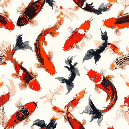 Seamless Pattern of Vibrant Koi Fish in Asian Art Style