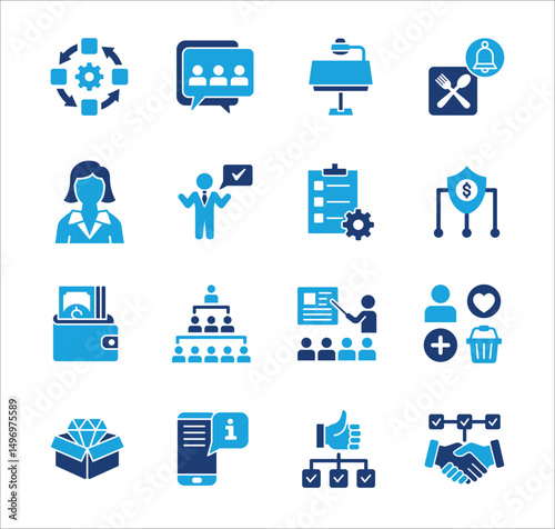 Management business icon set. Contains symbol of strategy, businessman, target, finance, lunchtime, success, hierarchy, data, reward, work, money, employee, task, shop, meeting. Vector illustration