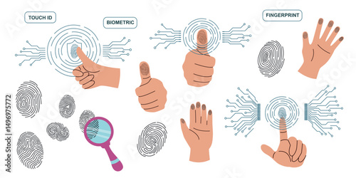 Set of fingerprints and white skin human hands isolated on white. Biometric authentication technology concept. Fingerprint scanning system. Vector hand drawn cliparts collection.