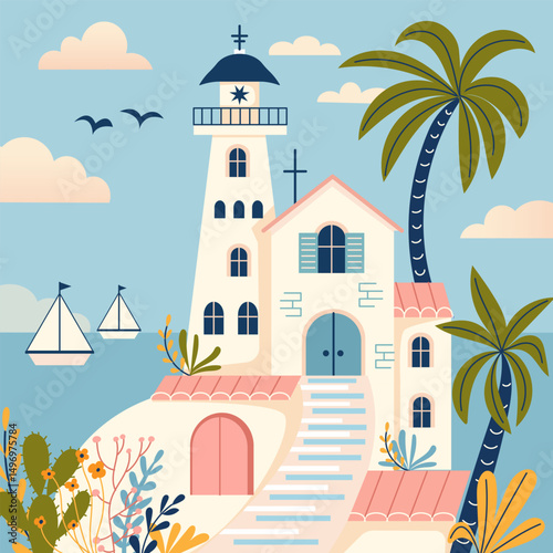 A charming lighthouse surrounded by palm trees and sailboats creates a picturesque coastal scene. Amalfi coast