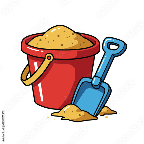 Sand in red bucket with blue shovel. Kid toys for building sand castle in beach vacation. Summer doodle icon vector illustration isolated on white background