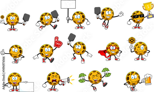Pickleball Cartoon Mascot Character. Vector Hand Drawn Collection Set Isolated On Transparent Background
