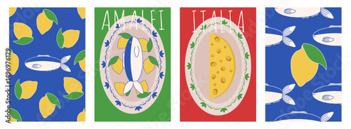 Summer. Italy. Amalfi poster cover template design. Vector illustration of sardines lemons and cheese on the plate and italian seamless Trellis set. EPS 10