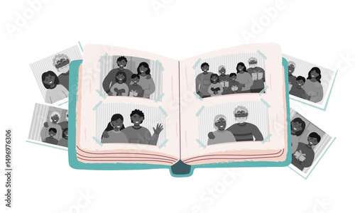 Photo album with old family photos. Photo album and photos cliparts. Family and memories concepts. Vector flat background.