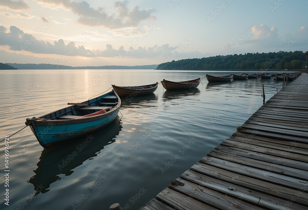 Naklejka premium Peaceful early morning scene with wooden boats tied by a lakeside dock under cloudy sky
