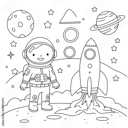 Astronaut with rocket in space suitable for children's coloring page outline vector illustration