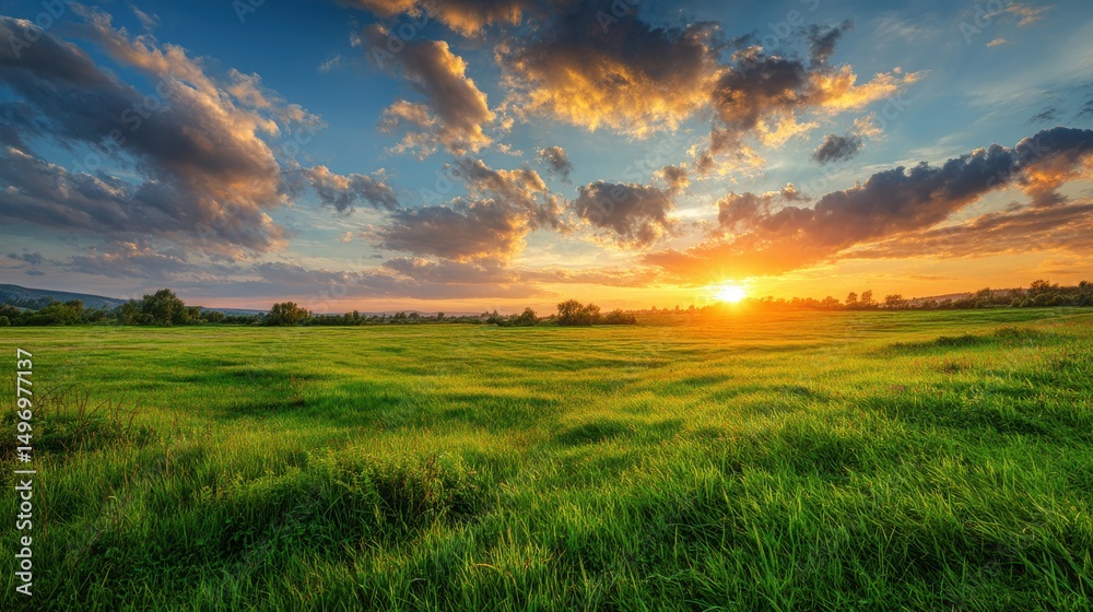vibrant green meadow at sunrise or sunset the colorful summer sky and golden sunlight casting a warm glow over the wide tranquil landscape creating a peaceful and beautiful. vibrant green meadow at sunrise or sunset the colorful summer sky and golden sunlight casting a warm glow over the wide tranquil landscape creating a peaceful and beautiful.