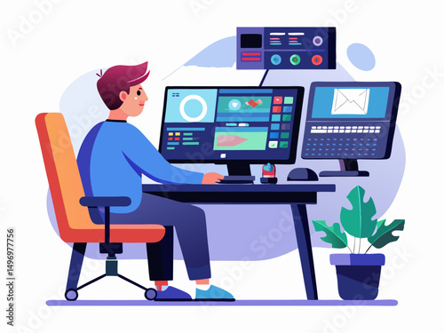  a video editor sitting at a modern desk        