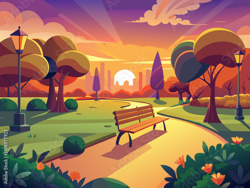  a peaceful park scene at sunset  