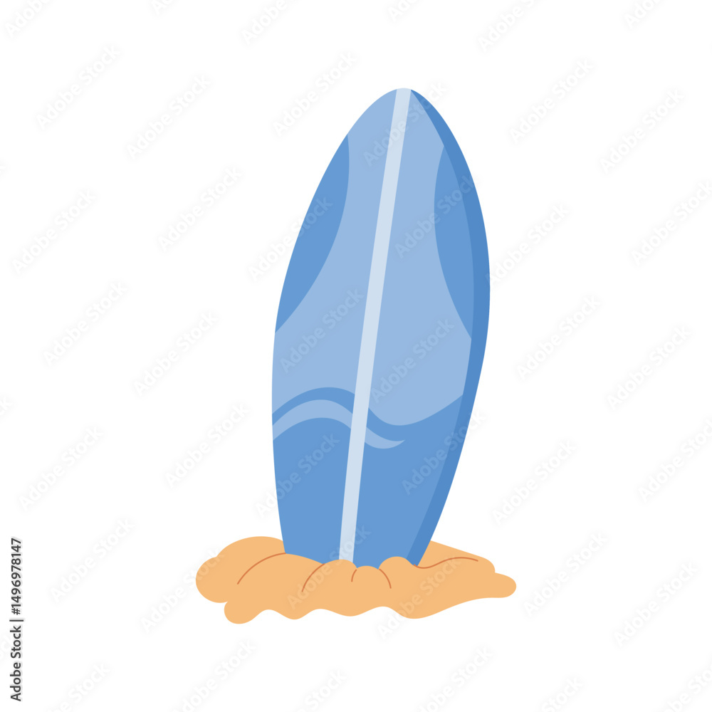 Blue surfboard standing upright in sand. Summer beach surfboard icon. Flat vector illustration of surfing equipment isolated on white background. Blue surfboard standing upright in sand. Summer beach surfboard icon. Flat vector illustration of surfing equipment isolated on white background.