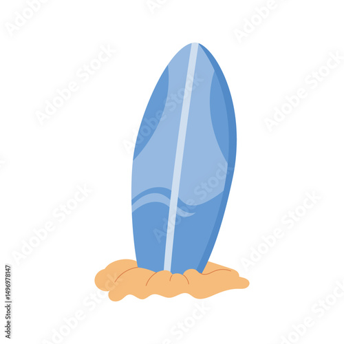 Blue surfboard standing upright in sand. Summer beach surfboard icon. Flat vector illustration of surfing equipment isolated on white background.
