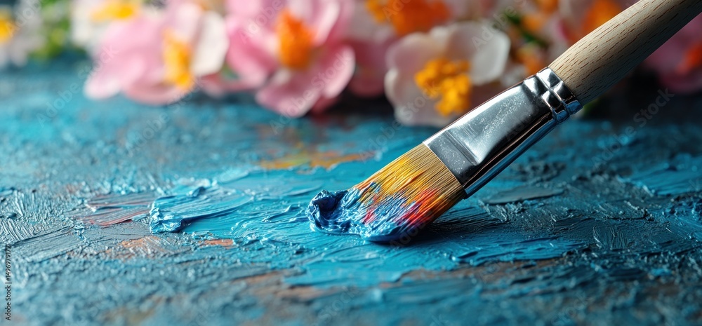 Fototapeta premium Teal blue paint brush stroke on canvas