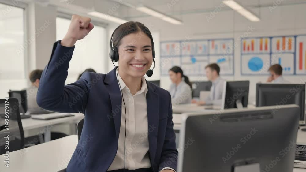 Call Center Agent Celebrates Successful Sale With Joyful Expression in Office Call Center Agent Celebrates Successful Sale With Joyful Expression in Office