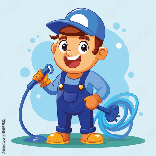 Cartoon Plumber Holding High Pressure Hose Character