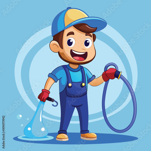 Plumber Character with High Pressure Hose Illustration