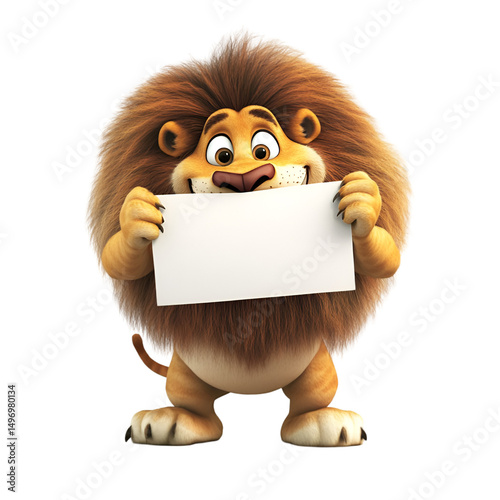 Playful cartoon lion holding blank sign studio setting 3d animation fun environment front view whimsical concept