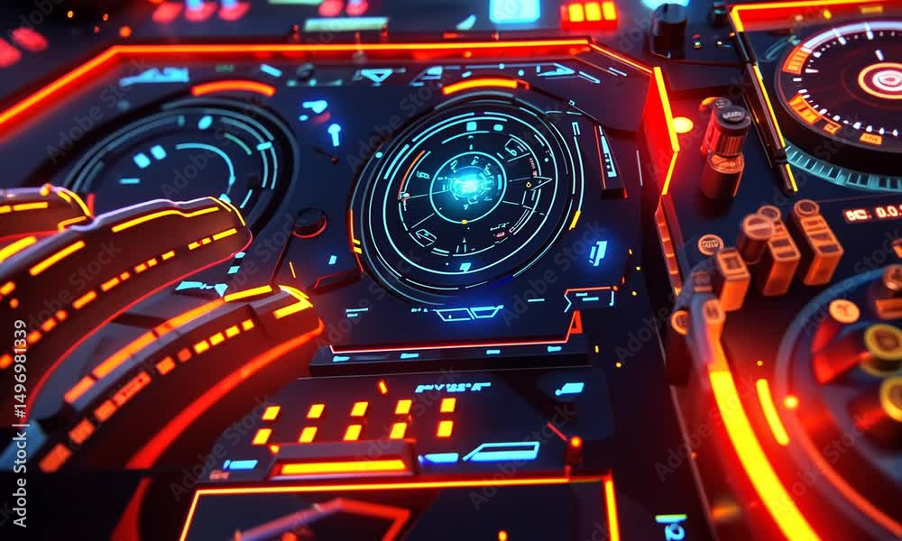 Futuristic control panel with glowing buttons and dials, showcasing advanced technology in action Futuristic control panel with glowing buttons and dials, showcasing advanced technology in action