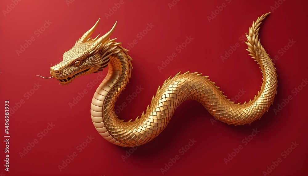 Obraz premium Elegant Golden Oriental Dragon Snake – 3D Render on Clean Red Background for Chinese Lunar New Year
