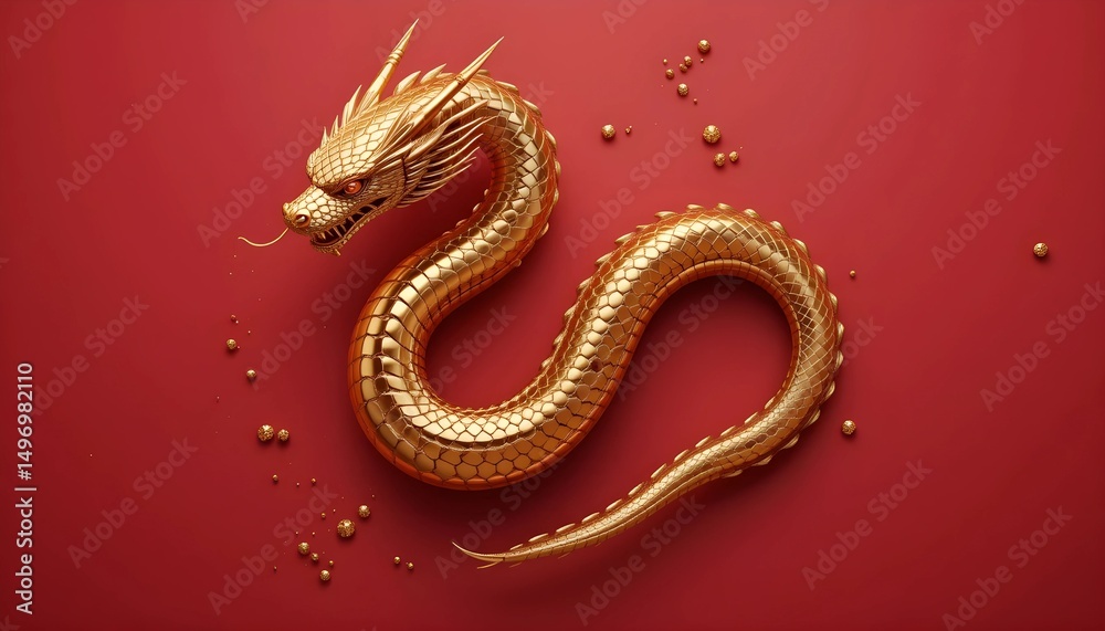 Fototapeta premium a golden oriental dragon snake with shiny metallic scales, elegant and curved body pose, 3D rendering, top view composition, minimalistic red background, luxurious and artistic look, soft shadow