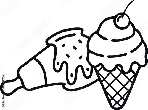 Melted ice cream and cone in a whimsical line drawing
