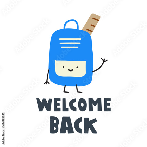 Cute School backpack. Inscription - Welcome back. Flat vector illustration on white background.