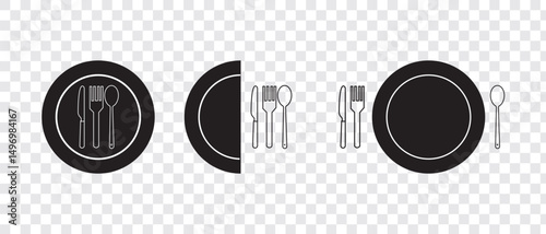 Tableware thin line icon set of fork, knife, spoon. Logotype menu. Cutlery and crockery sign. Flat style eating utensils symbol collection. Vector illustration