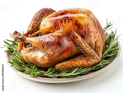 A whole roasted turkey on a platter with rosemary sprigs around it, isolated on white background