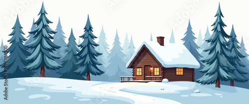 Snowy cabin in the woods vector simple 3d smooth isolated on white background