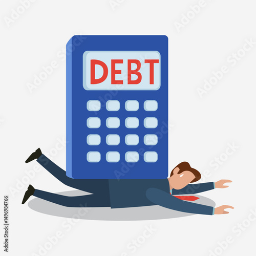 Businessman Under Calculator Debt. Cartoon Vector Illustration.  