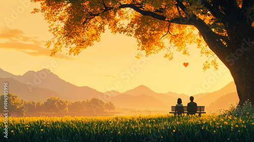 Back view of couple sitting on bench in outdoor park on date