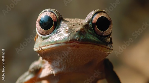 Close-up of a Green Frog with Large, Striking Eyes, Viewed from a Low Angle