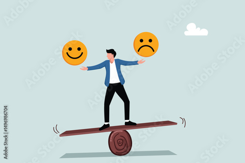 The balance of emotional control between work stress or sadness and the concept of a happy lifestyle, the calm and attentive businessman uses his hands to balance the smile and sad face.