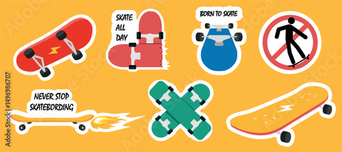 Set of skateboard stickers in cartoon style. Vector illustration of bright skateboard signs with inscriptions: skate all day, born to skate, never stop skateboarding isolated on yellow background.
