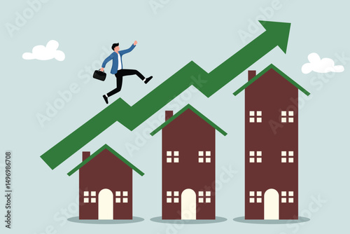 House prices are rising, the concept of real estate or property growth, businessmen running on green graphs towering on the roof of the house.