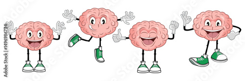 Set of funny brain characters in cartoon style. Vector illustration of cute brains with different emotions, poses, making faces: cheerful, showing super, okay signs isolated on white background.