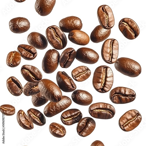 Falling Roasted Coffee Beans in Air, Closeup Studio Shot