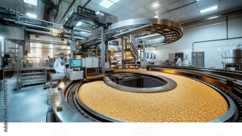 The interior of an industrial flour mill, high-tech machines showing the process of processing wheat into flour. 