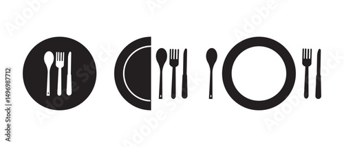 Cutlery silhouettes. Fork spoon knife black icons, silverware silhouettes on white background. Vector cutlery set for serving illustration, Fork, knife, spoon and plate set icons. Tableware set flat