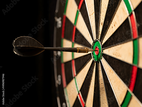 Dart hits bullseye on dartboard in dark