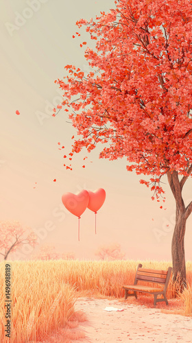 Romantic pink love balloon with outdoor bench