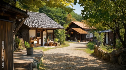 Traditional Houses in a Verdant Landscape on a Stone Path in a Sunny Rural Setting