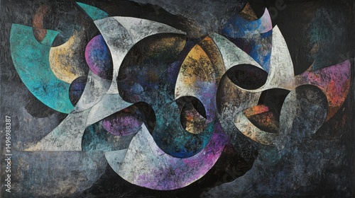 Abstract Composition with Spheres and Arcs on a Textured Dark Ground